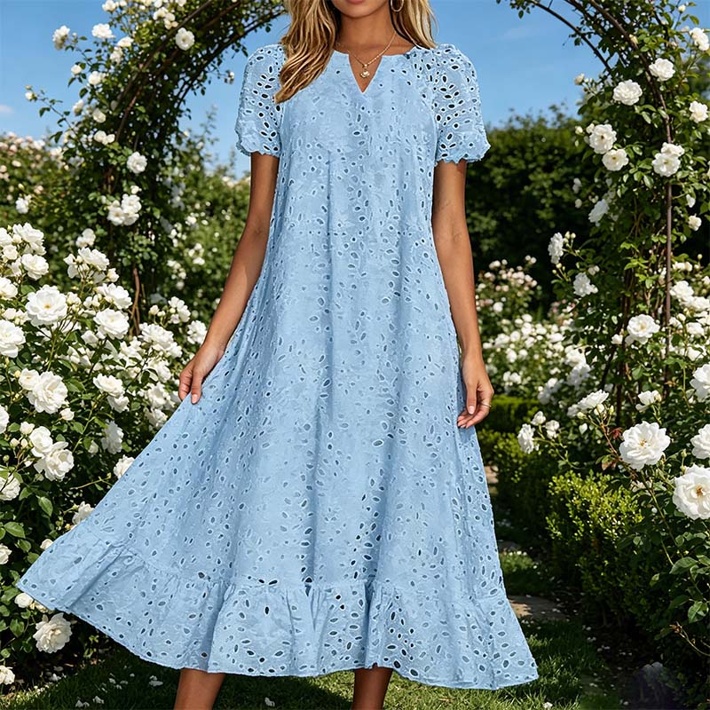 🌸 Eyelet V-Neck Dress with Pockets – Soft Cotton Blend, 5 Colors. 49% OFF
