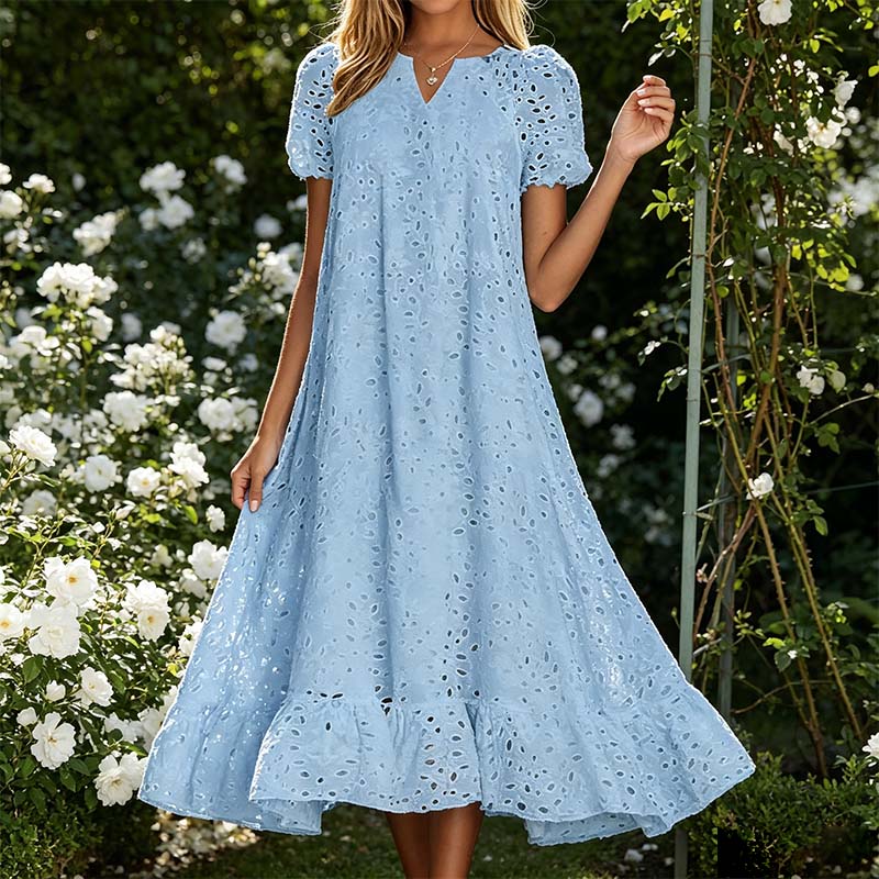 🌸 Eyelet V-Neck Dress with Pockets – Soft Cotton Blend, 5 Colors. 49% OFF