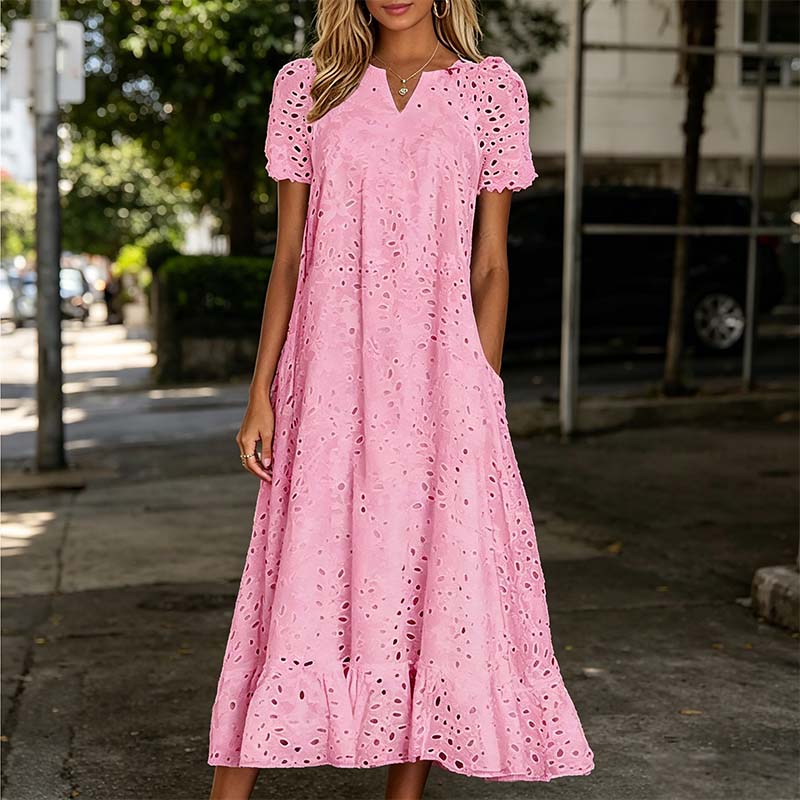 🌸 Eyelet V-Neck Dress with Pockets – Soft Cotton Blend, 5 Colors. 49% OFF