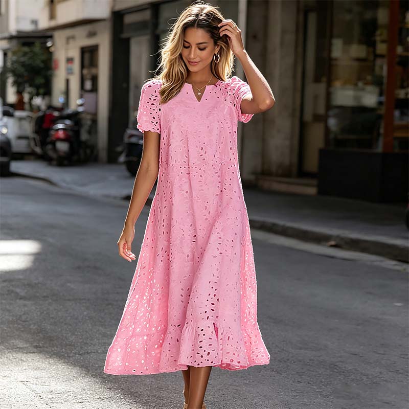 🌸 Eyelet V-Neck Dress with Pockets – Soft Cotton Blend, 5 Colors. 49% OFF