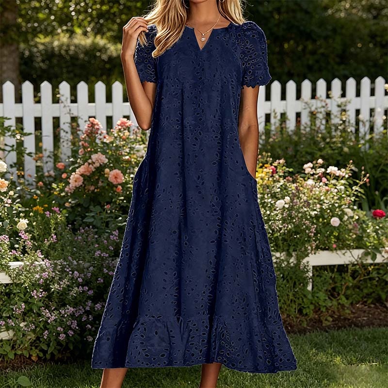 🌸 Eyelet V-Neck Dress with Pockets – Soft Cotton Blend, 5 Colors. 49% OFF