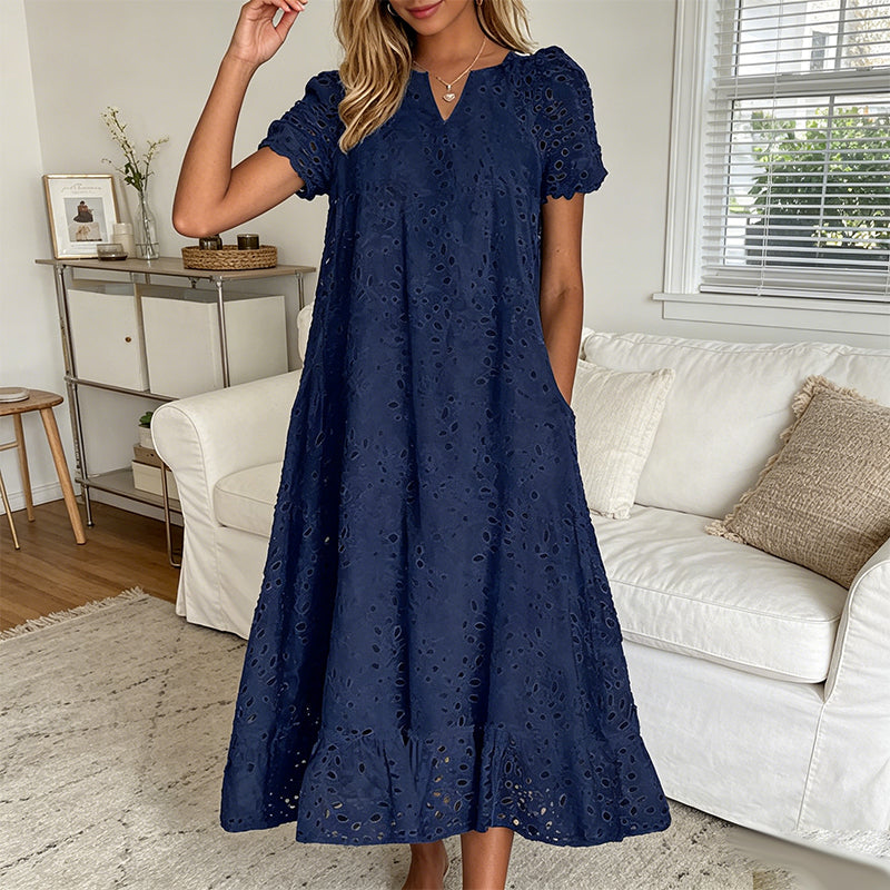 🌸 Eyelet V-Neck Dress with Pockets – Soft Cotton Blend, 5 Colors. 49% OFF
