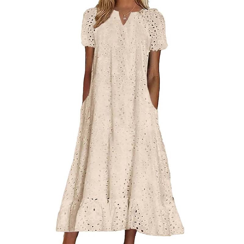 🌸 Eyelet V-Neck Dress with Pockets – Soft Cotton Blend, 5 Colors. 49% OFF