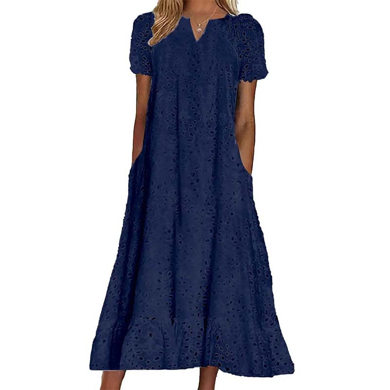 🌸 Eyelet V-Neck Dress with Pockets – Soft Cotton Blend, 5 Colors. 49% OFF