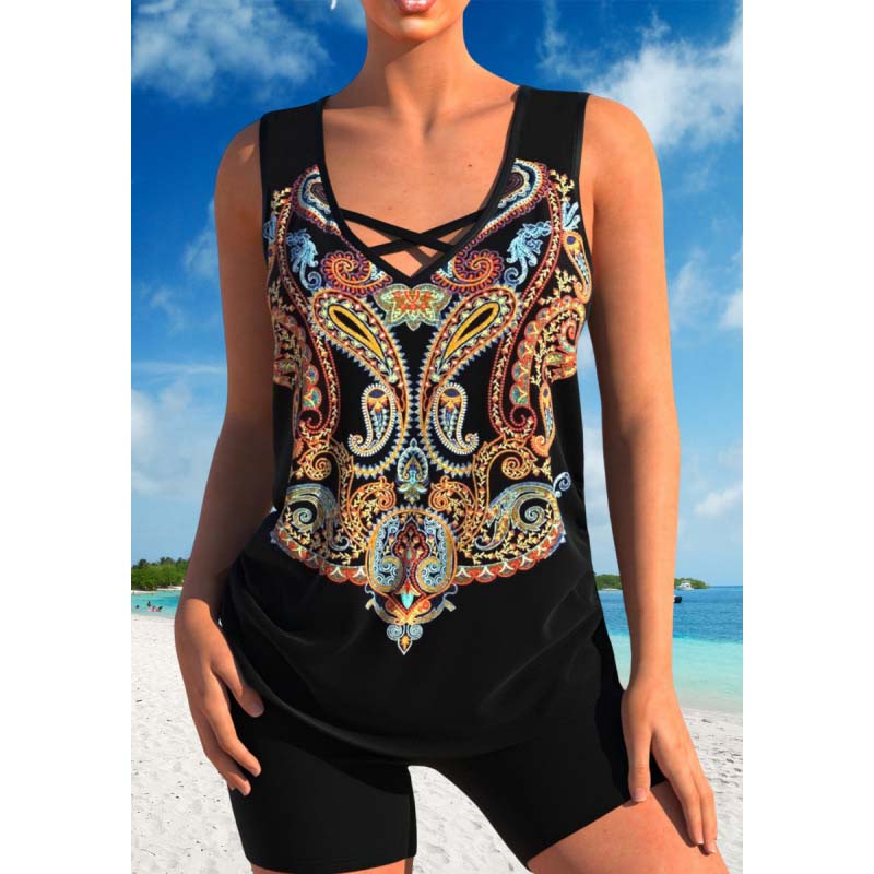 🏖️ 50% OFF! ✨ Sporty Two-Piece Bathing Suit – Criss-Cross Neck, Boy Shorts, Quick-Dry 🏄‍♀️