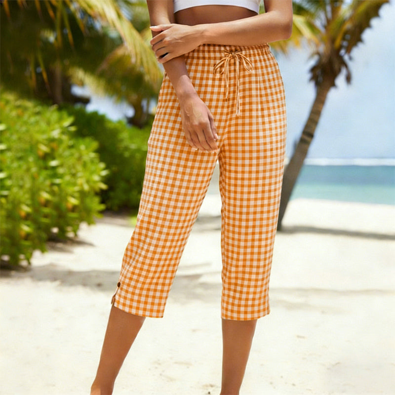 🎁2026 New Arrivals 50% OFF💥Gingham Capri Pants – Drawstring Comfort & Breathable Cotton-Linen