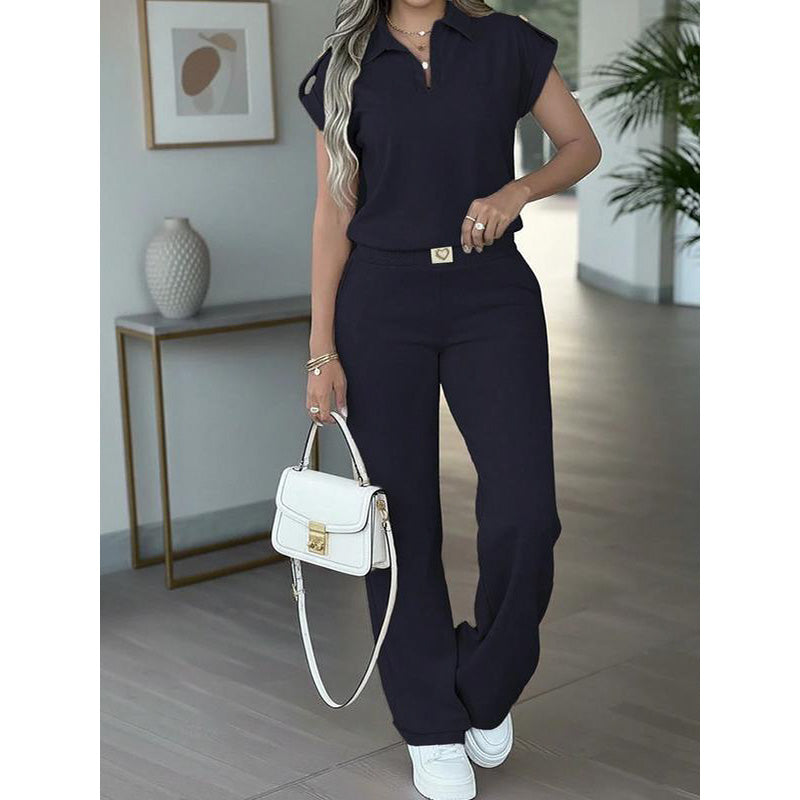 👗 50% OFF! 💐 Women's Casual Top & Pants 2-Piece Set – Chic, Wide-Leg, Gold Accents ✨