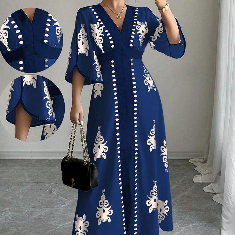 👗 LIMITED-TIME 50% OFF! 💥 Women's Elegant V-Neck Print Maxi Dress – Flutter Sleeves, Ethnic Print, Side Slits ✨