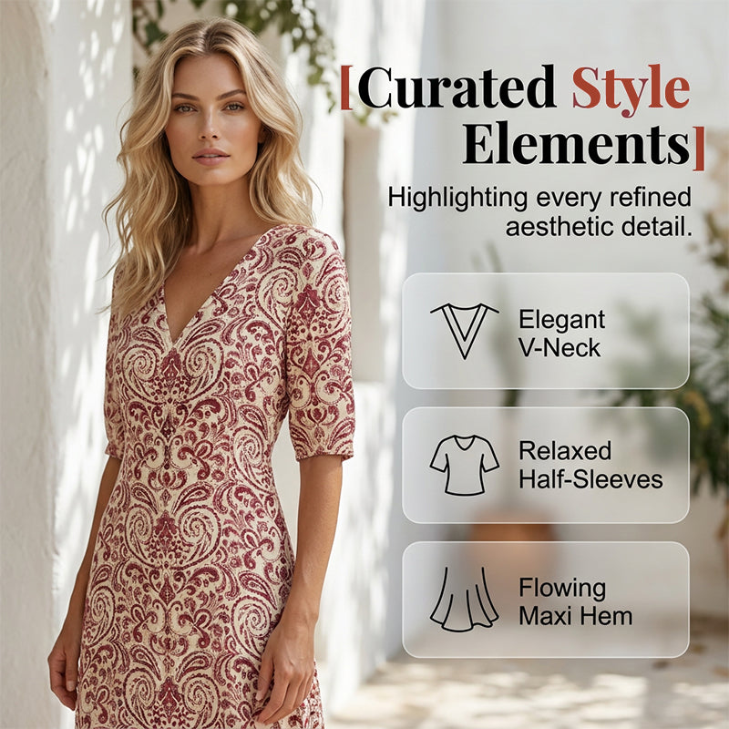 Women's V-Neck Printed Half-Sleeve Maxi Dress