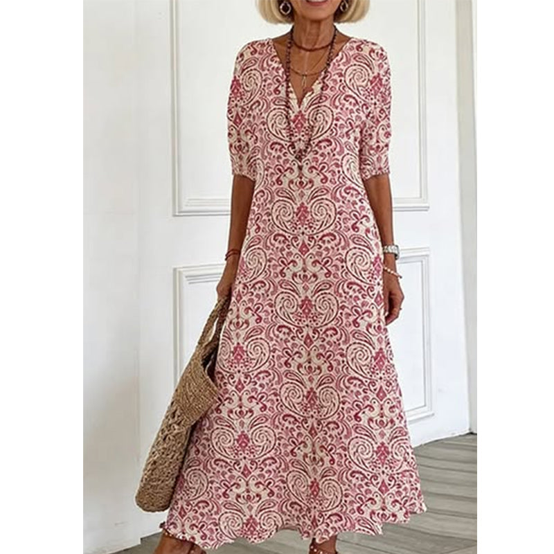 Women's V-Neck Printed Half-Sleeve Maxi Dress