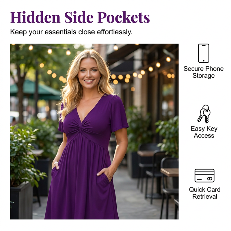 👗 Elegant V-Neck Twist Front Midi Dress with Pockets — Flattering Silhouette, Effortless All-Day Style
