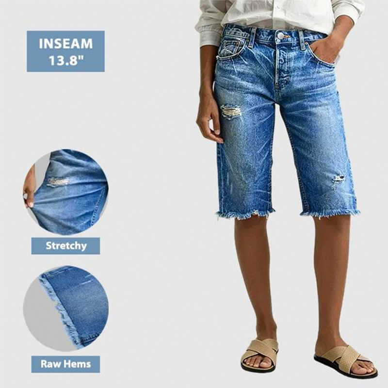 📐 Slim-Fit Ripped Denim Shorts — Bermuda Length | High-Rise | Classic 5-Pocket | Polished Casual