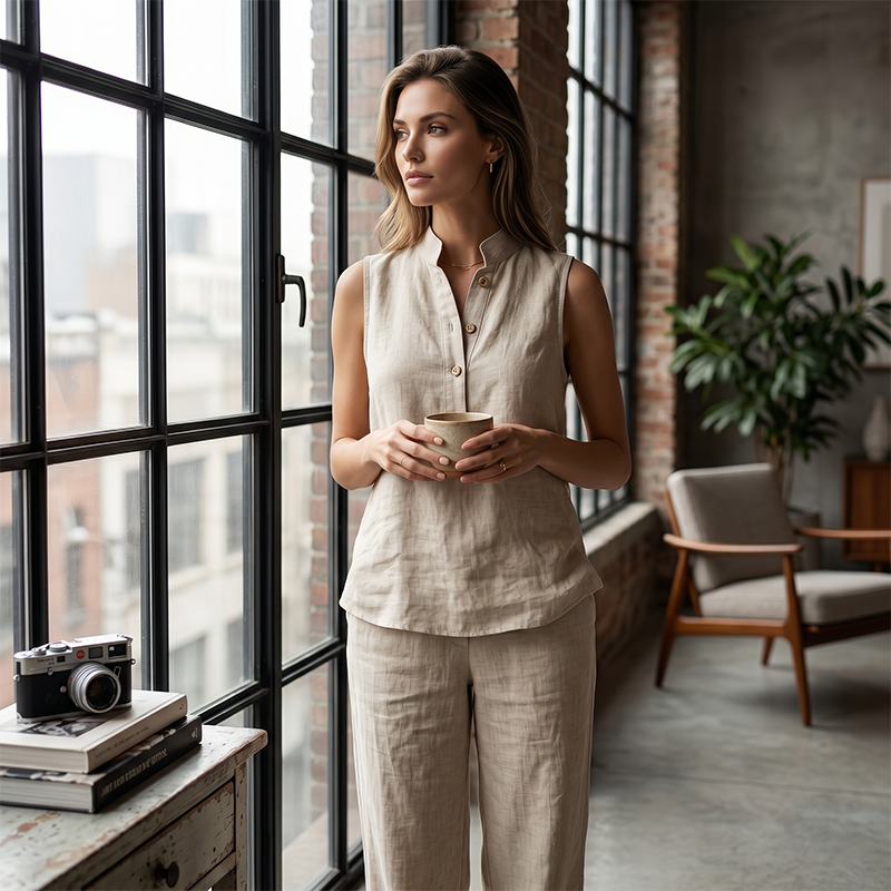 👗 LIMITED-TIME 50% OFF! Women's Stand Collar Sleeveless Top & Wide Leg Pants 2 Piece Linen Outfit Set