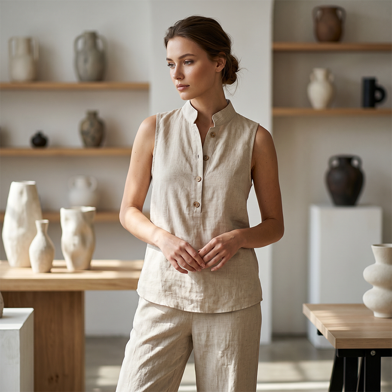 👗 LIMITED-TIME 50% OFF! Women's Stand Collar Sleeveless Top & Wide Leg Pants 2 Piece Linen Outfit Set