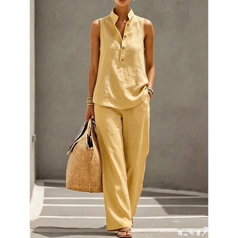 👗 LIMITED-TIME 50% OFF! Women's Stand Collar Sleeveless Top & Wide Leg Pants 2 Piece Linen Outfit Set