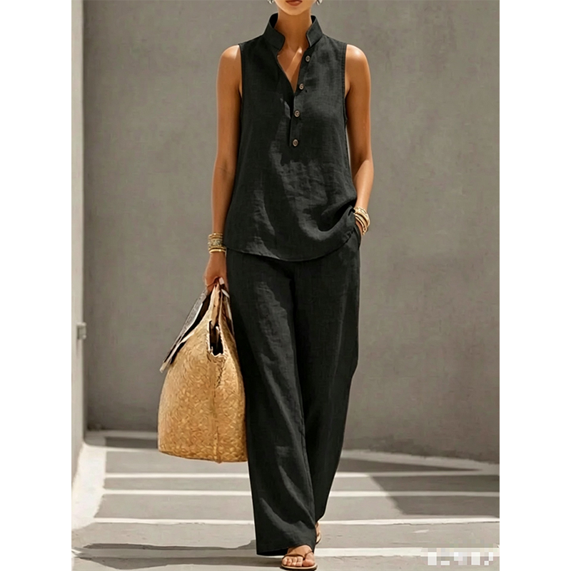 👗 LIMITED-TIME 50% OFF! Women's Stand Collar Sleeveless Top & Wide Leg Pants 2 Piece Linen Outfit Set