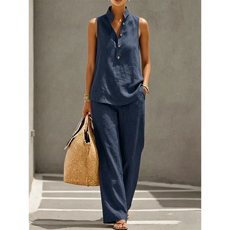 👗 LIMITED-TIME 50% OFF! Women's Stand Collar Sleeveless Top & Wide Leg Pants 2 Piece Linen Outfit Set