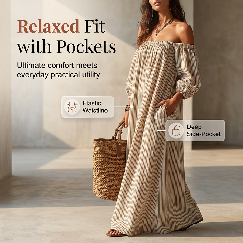 Women's Off-Shoulder Maxi Dress with Lantern Sleeves 🌸 Bare Shoulders, Billowy Sleeves – A Romantic Silhouette for Special Moments ✨