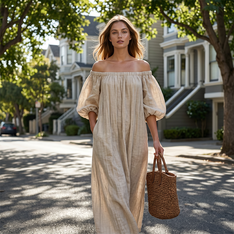 Women's Off-Shoulder Maxi Dress with Lantern Sleeves 🌸 Bare Shoulders, Billowy Sleeves – A Romantic Silhouette for Special Moments ✨