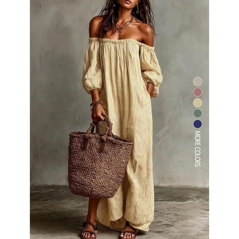 Women's Off-Shoulder Maxi Dress with Lantern Sleeves 🌸 Bare Shoulders, Billowy Sleeves – A Romantic Silhouette for Special Moments ✨