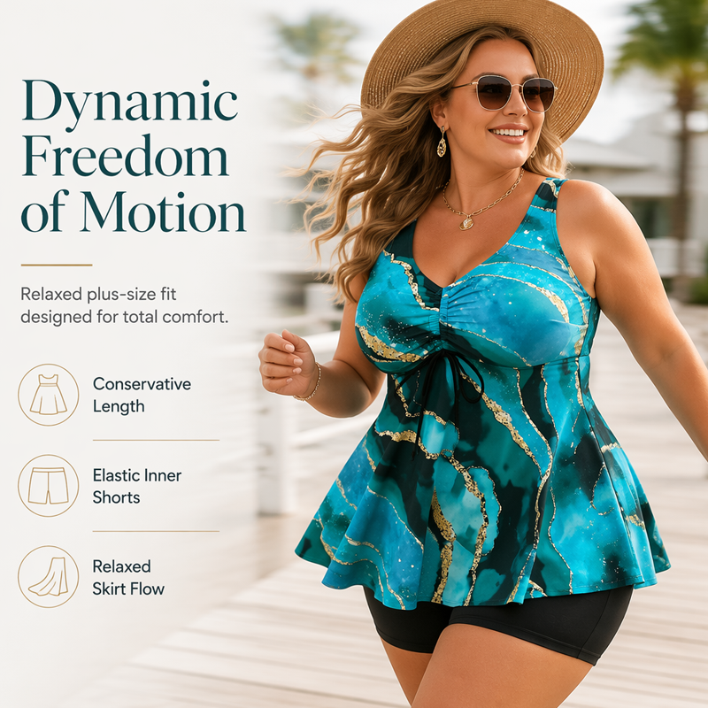 🎁2026 New Arrivals 50% OFF💥Plus-Size Swimdress – Marble Print & Tummy Control Design