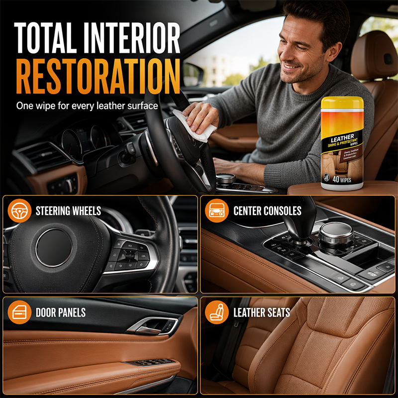 🚗 LIMITED-TIME 50% OFF! 3-in-1 Car Leather Care Wipes, Cleans Conditions & UV Protection Interior Cleaner Wipes