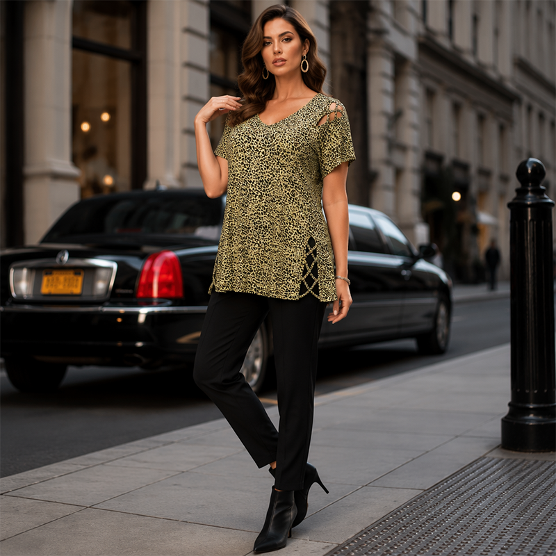 💃New Arrivals 57% OFF💞Women's T-shirt with leopard pattern, loose fit, V-neck