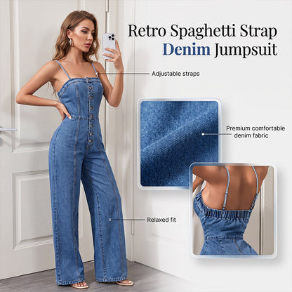 🎉 2026 Sale — Over 35 600 Sold!👖 Women Spaghetti Strap Wide Leg Denim Jumpsuit