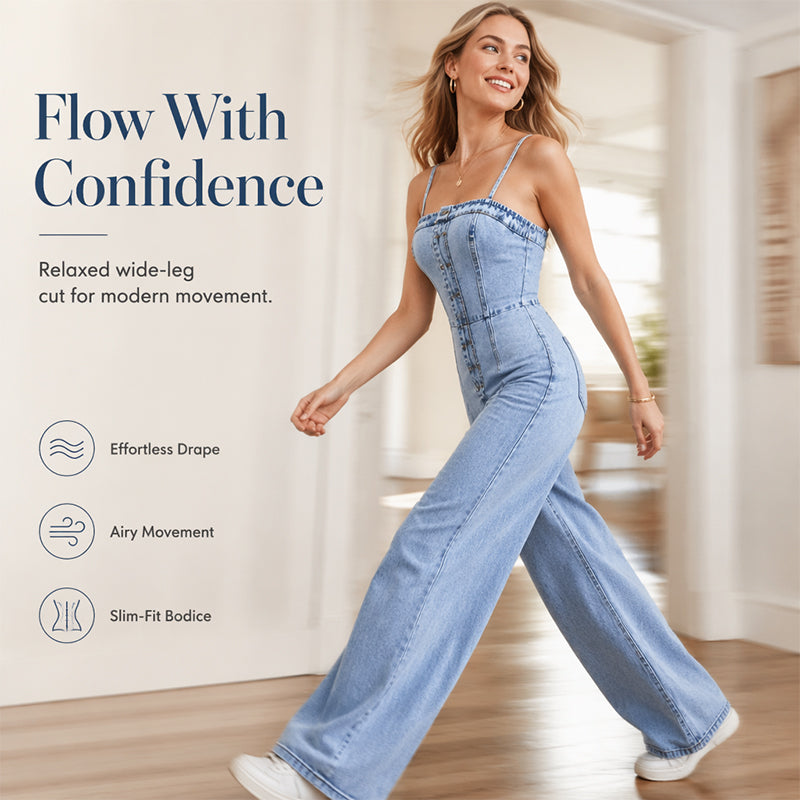 🎉 2026 Sale — Over 35 600 Sold!👖 Women Spaghetti Strap Wide Leg Denim Jumpsuit