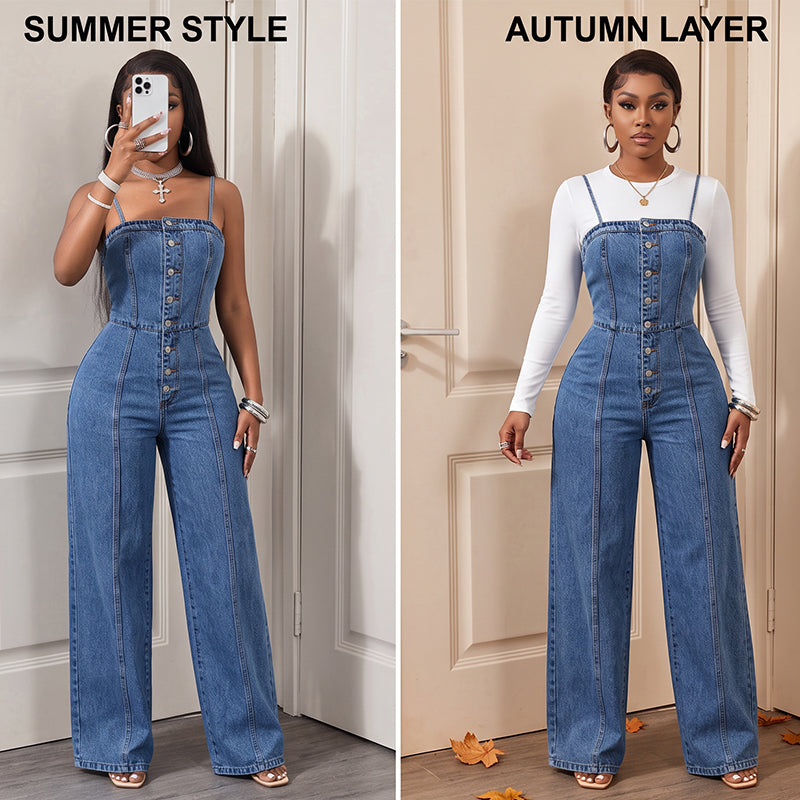 🎉 2026 Sale — Over 35 600 Sold!👖 Women Spaghetti Strap Wide Leg Denim Jumpsuit