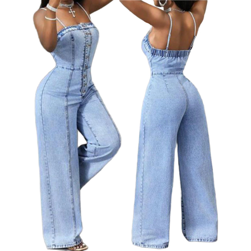 🎉 2026 Sale — Over 35 600 Sold!👖 Women Spaghetti Strap Wide Leg Denim Jumpsuit