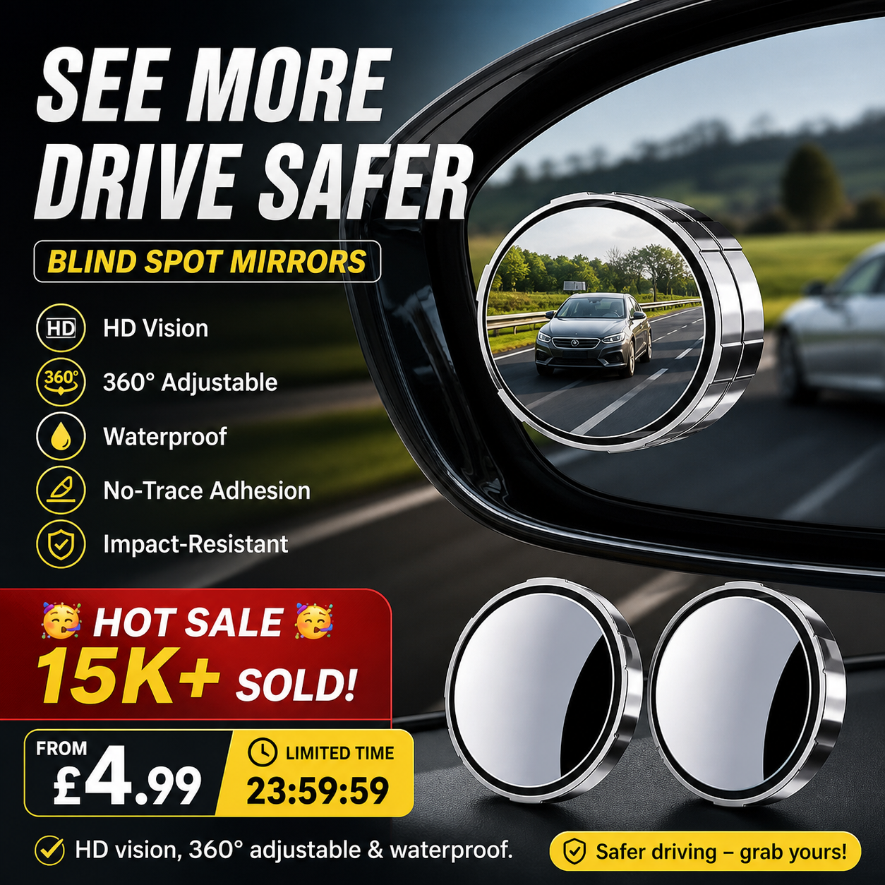 🥳HOT SALE🥳💞15K+ SOLD! Blind Spot Mirrors – From £4.99! HD vision, 360° adjustable & waterproof. Safer driving – grab yours! ✅